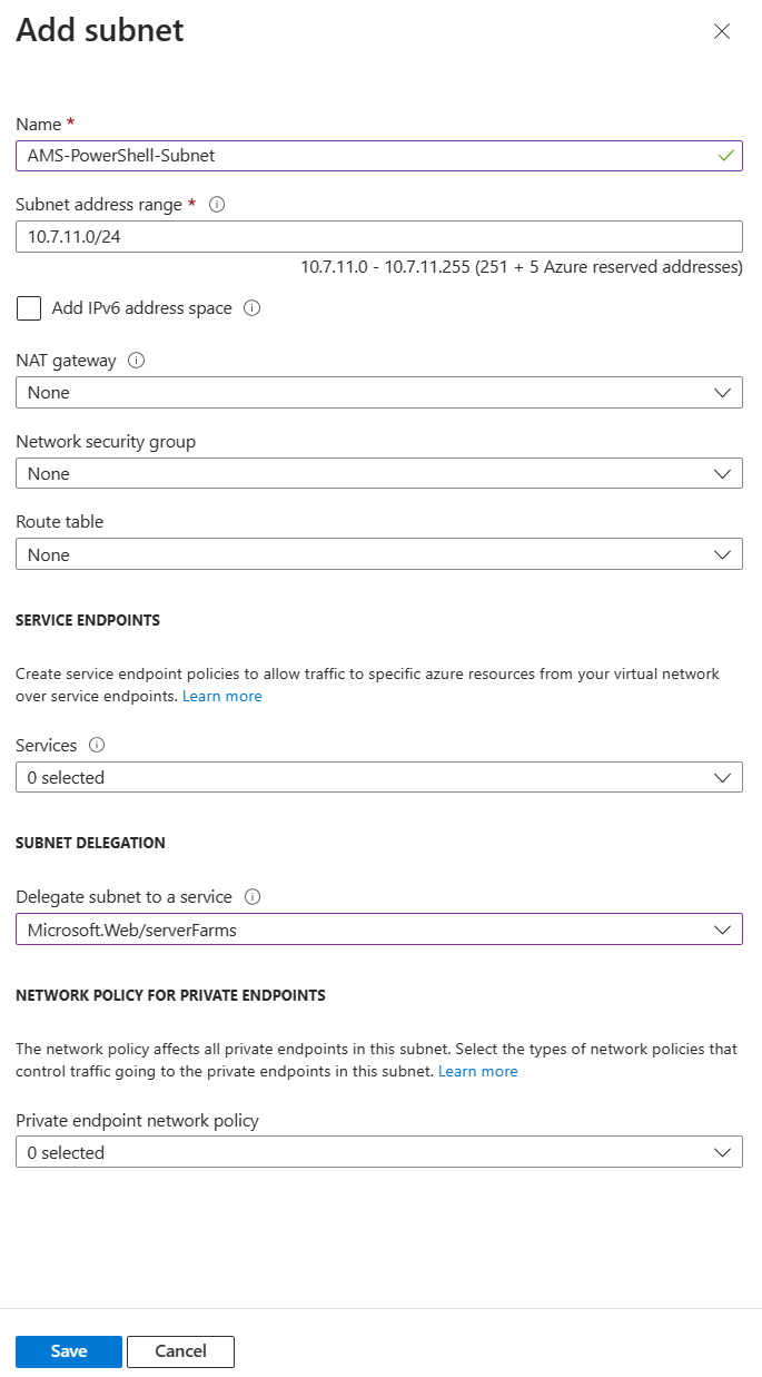 Capture d’écran montrant la création d’un sous-réseau pour Azure Monitor pour solutions SAP.