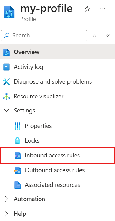 Capture d’écran du menu de gauche avec la sélection des règles d’accès entrant.