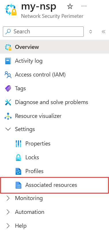 Capture d’écran du menu de gauche du périmètre de sécurité réseau.