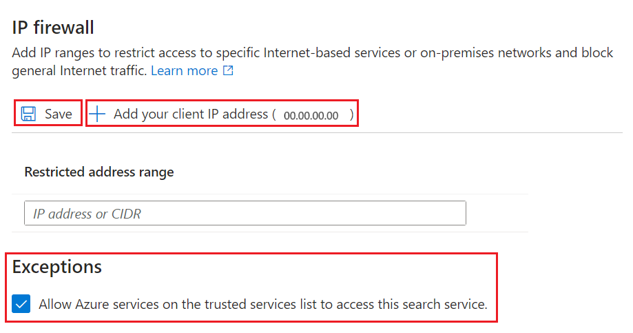 Capture d’écran montrant comment configurer le pare-feu IP dans le portail Azure.