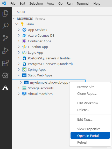 Capture d’écran de Visual Studio Code montrant l’explorateur Azure Static Web Apps avec l’option Ouvrir dans le portail affichée.