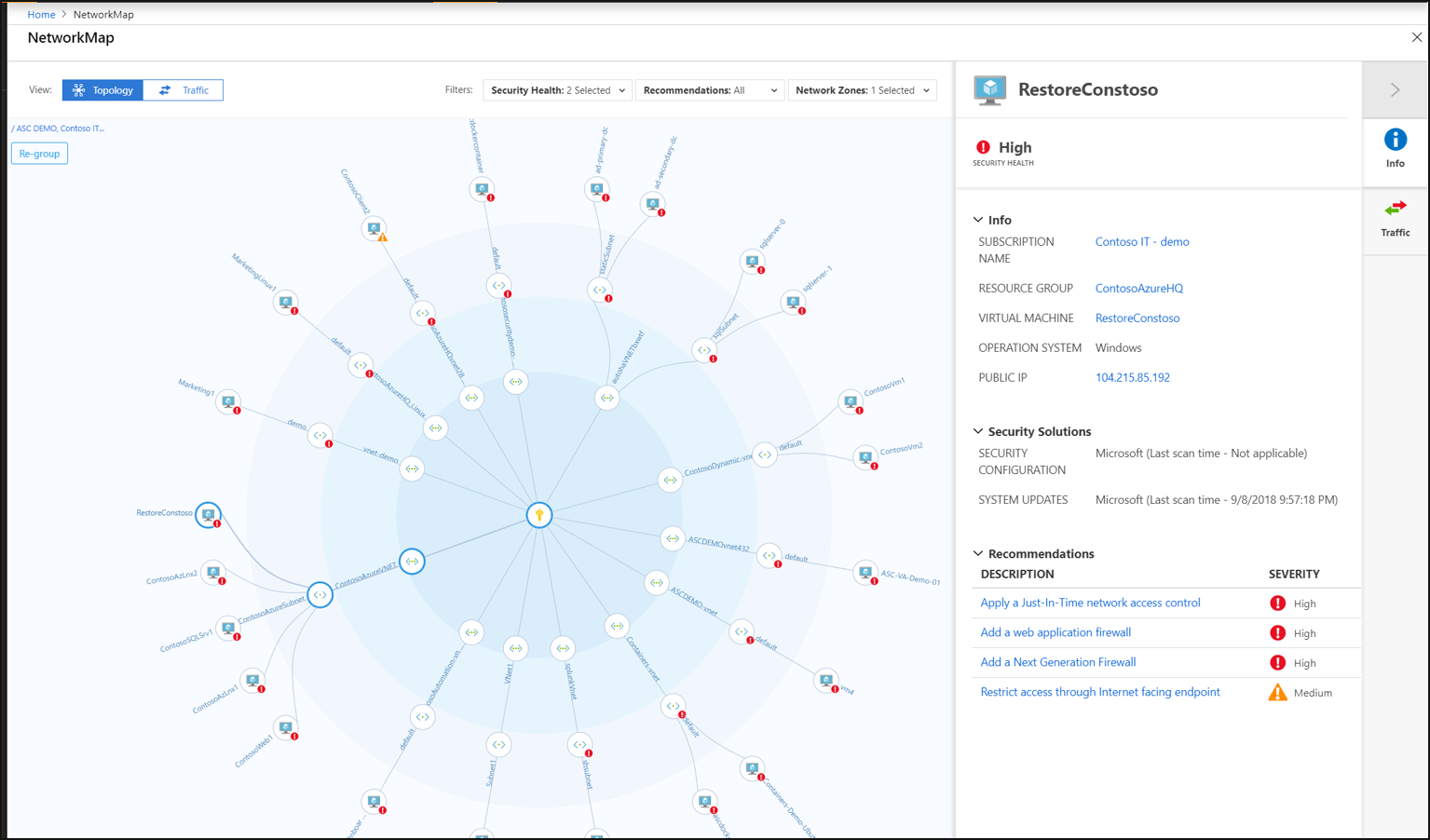 Capture d’écran de la carte de la topologie de réseau de Defender pour le cloud.