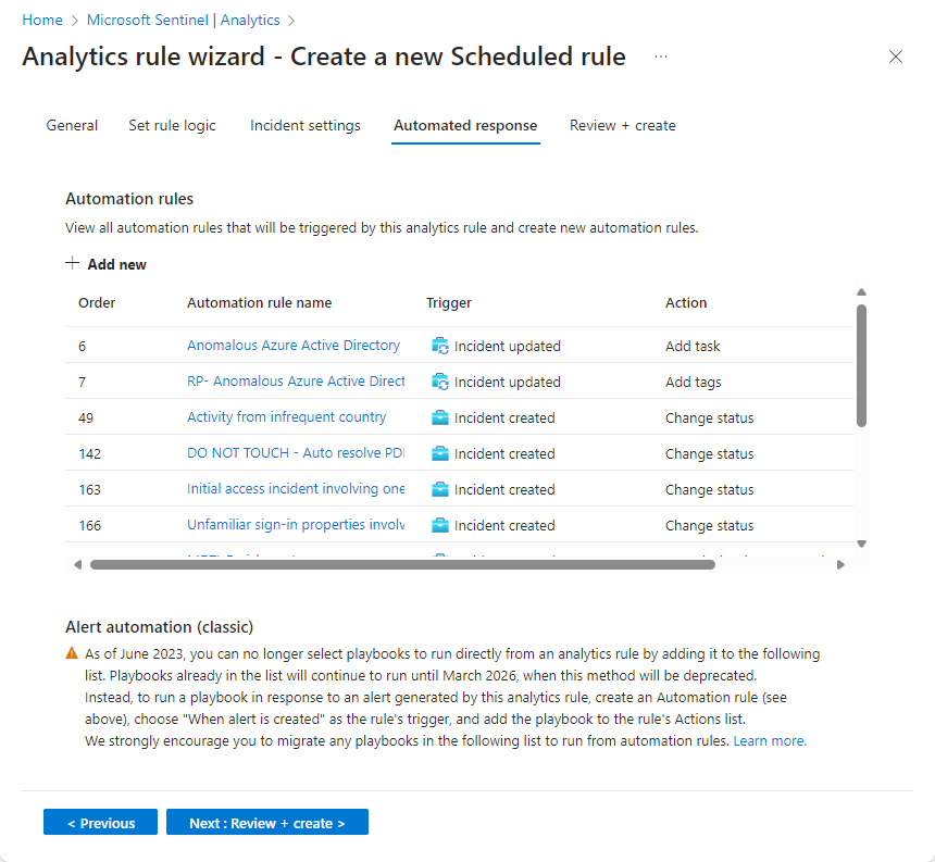 Capture d’écran des paramètres de réponse automatisée de l’assistant Règle d’analytique dans le portail Azure.