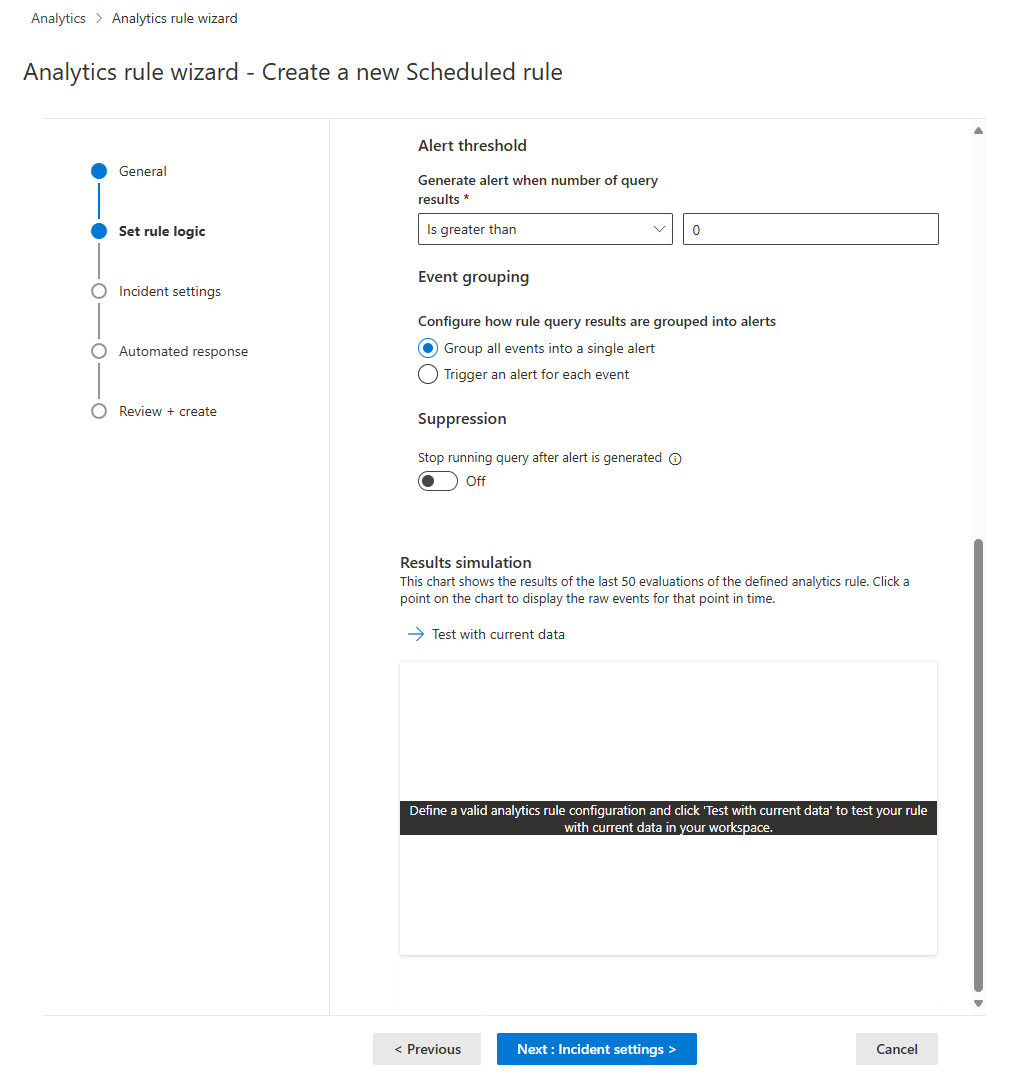 Capture d’écran montrant la deuxième moitié de l’onglet Définir la logique de la règle dans l’Assistant Règle analytique du portail Defender.