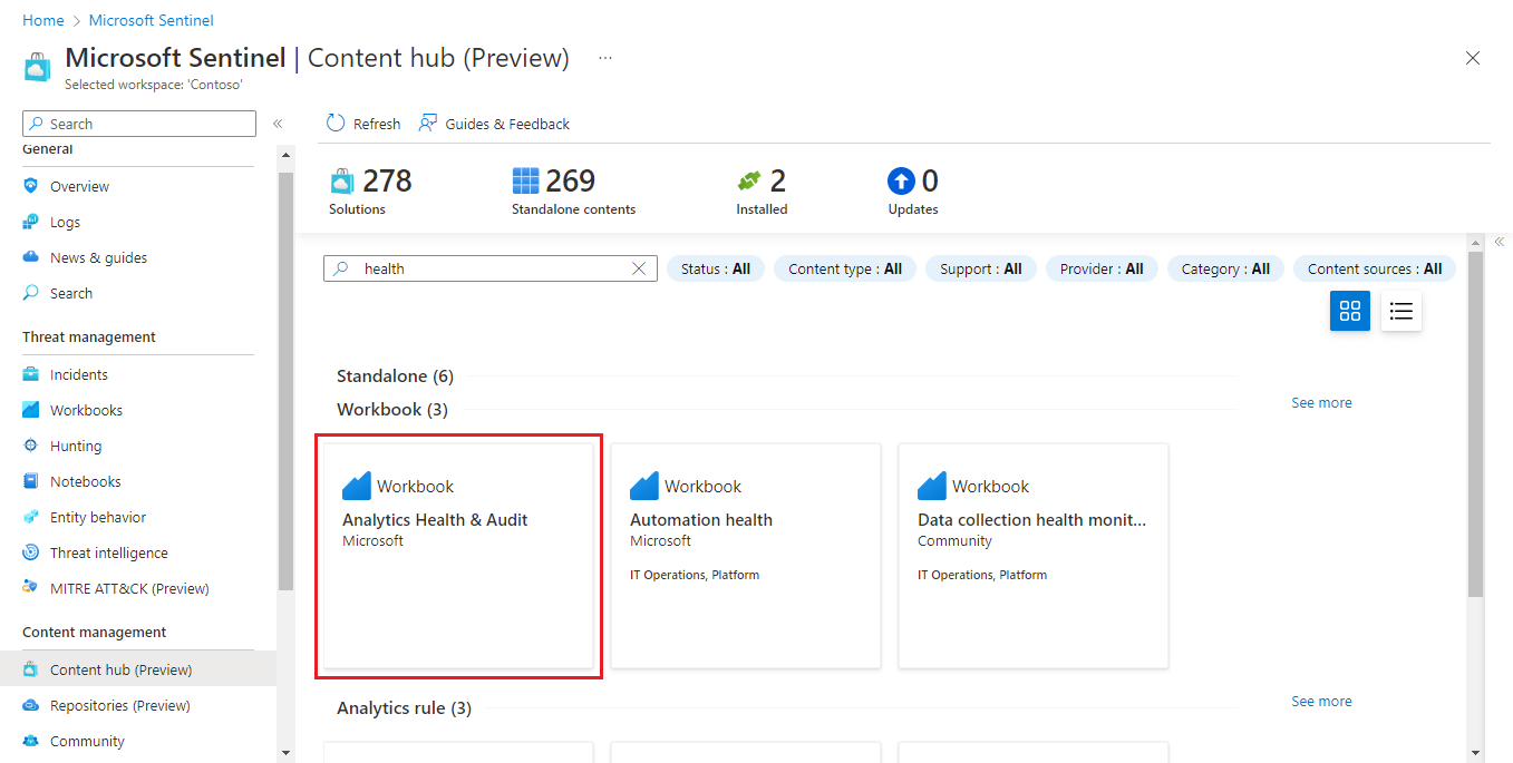 Capture d’écran de la sélection du classeur Analytics Health dans le hub de contenu.