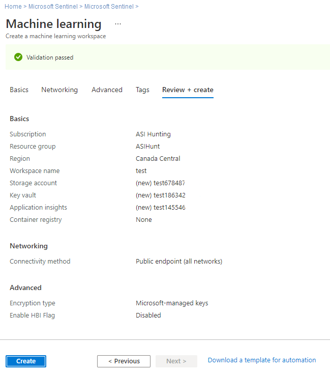 Vérifier + créer votre espace de travail Machine Learning à partir de Microsoft Sentinel.