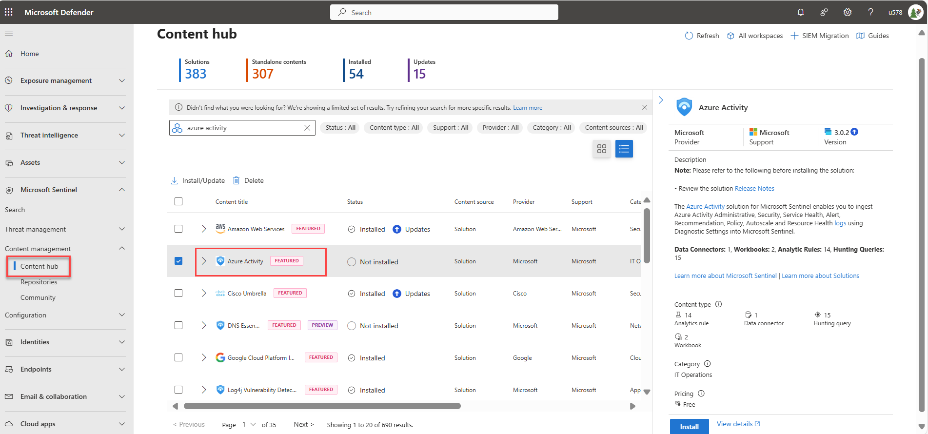 Capture d’écran du hub de contenu dans le portail Defender avec la solution pour Azure’activité sélectionnée.