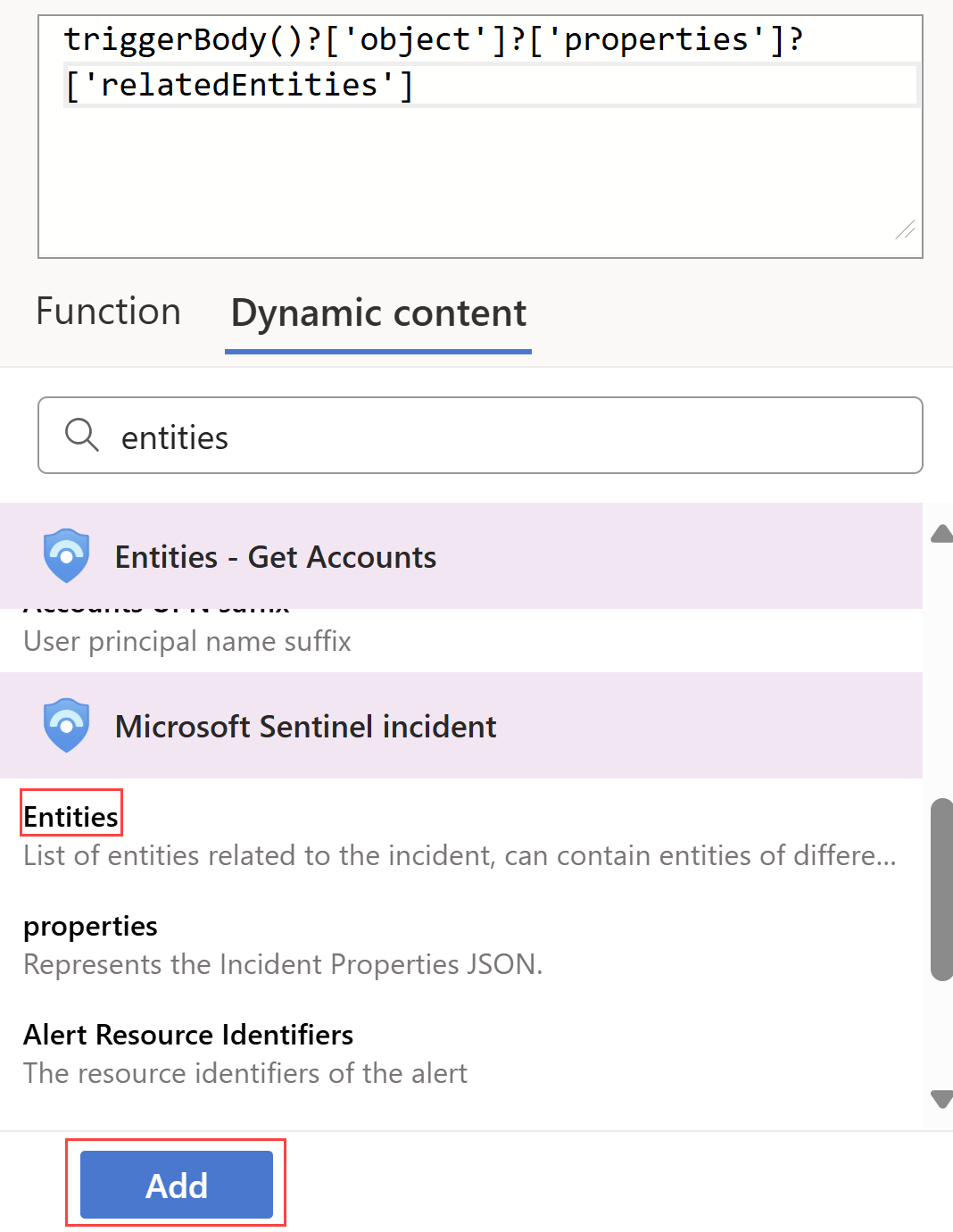 Capture d’écran de la sélection de la valeur Entities dans le concepteur d’application logique.