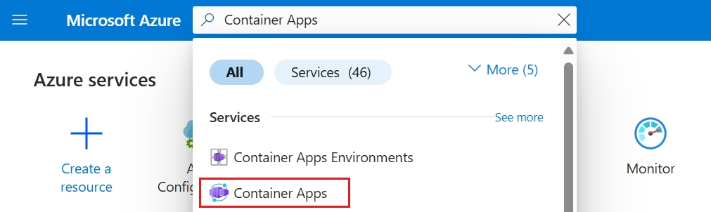 Screenshot of the Azure portal, selecting Container Apps.