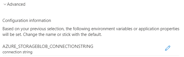 Capture d’écran du portail Azure, montrant la configuration de l’authentification avancée pour s’authentifier avec une chaîne de connexion.