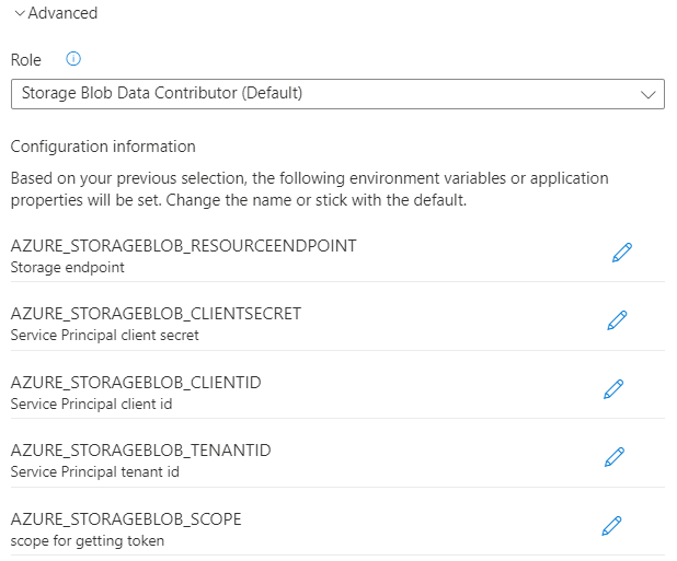 Capture d’écran du portail Azure, montrant la configuration de l’authentification avancée pour s’authentifier avec un principal de service.