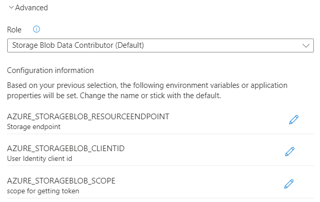 Capture d’écran du portail Azure montrant la configuration d’authentification avancée pour une identité managée affectée par l’utilisateur(-trice).