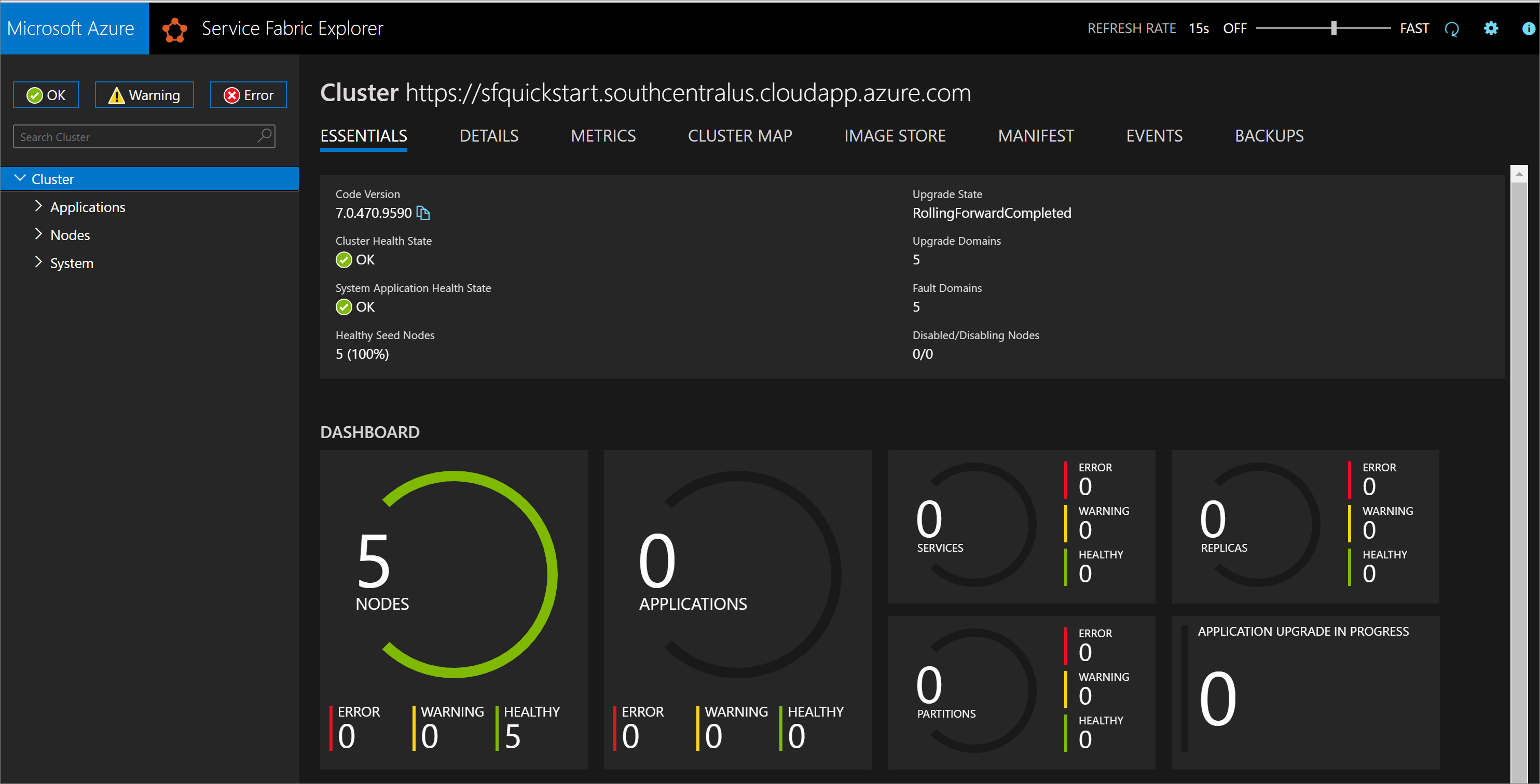 Capture d’écran de Service Fabric Explorer montrant le nouveau cluster.