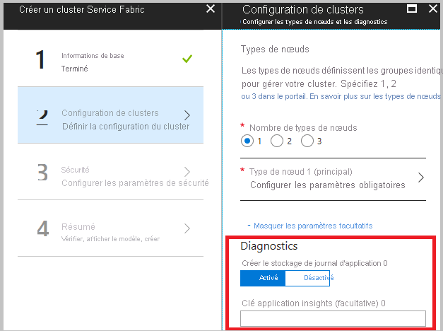 Azure Diagnostics settings in the portal for cluster creation