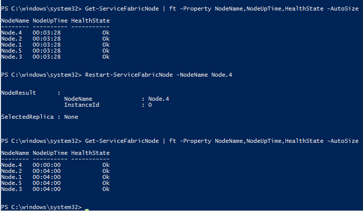 Capture d’écran de l’exécution de la commande Restart-ServiceFabricNode dans PowerShell.