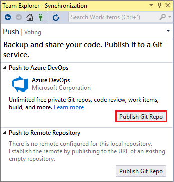 Screenshot of the Team Explorer - Synchronization window in Visual Studio. The Publish to Git Repo button is highlighted under Push to Azure DevOps.
