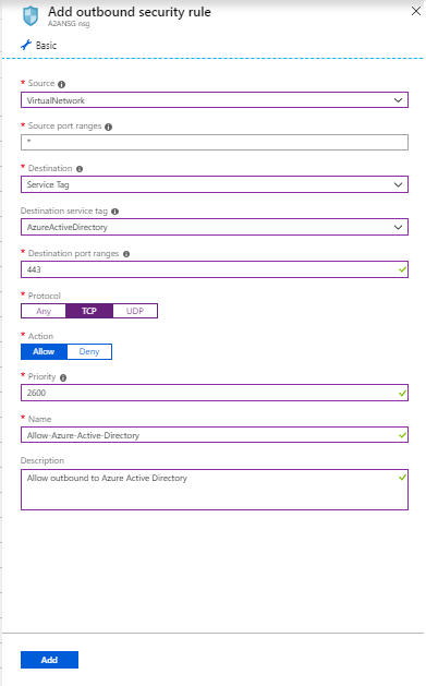 Capture d’écran montrant l’ajout d’une règle de sécurité sortante pour un groupe de sécurité réseau pour l’ID Microsoft Entra.