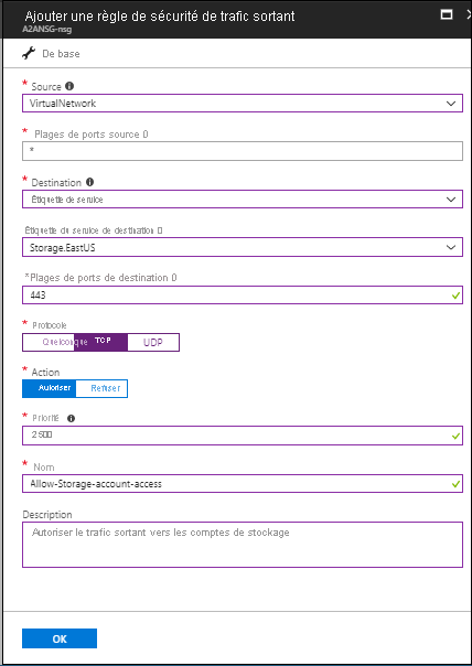 Screenshot shows Add outbound security rule for a network security group for Storage dot East U S.