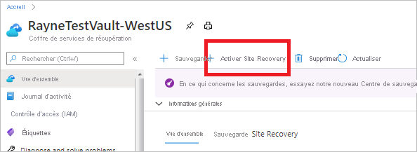 Selection to enable Site Recovery in the vault