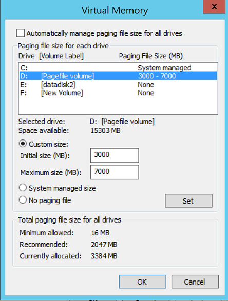 Capture d’écran de la boîte de dialogue Mémoire virtuelle avec la ligne Lecteur D : [volume Pagefile] en surbrillance montrant une Taille de fichier d’échange (Mo) de 3000-7000.