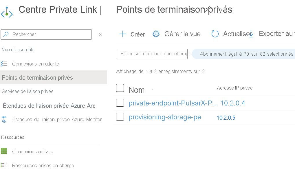 Capture d’écran montrant comment créer un point de terminaison privé dans Private Link Center.