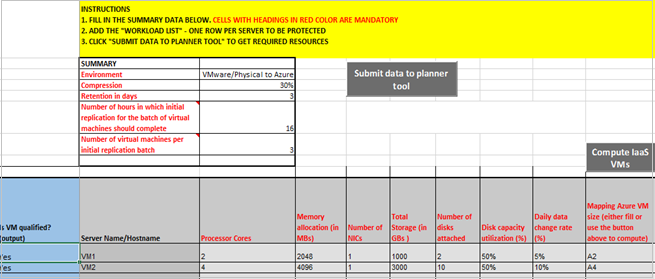 Capture d’écran de la feuille de calcul Workload Qualification (Qualification de la charge de travail), montrant les informations d’entrée requises.