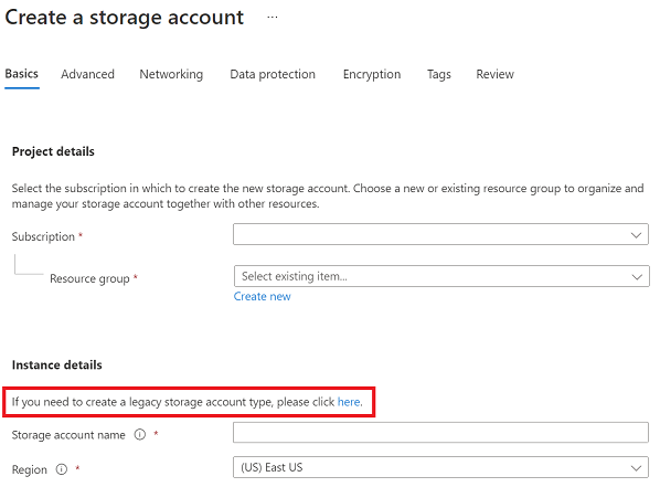 Capture d’écran du lien Créer un compte de stockage hérité.