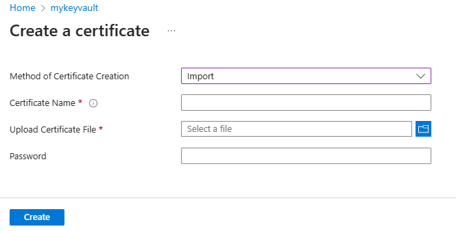 Capture d’écran de la boîte de dialogue Créer un certificat dans le portail Azure.