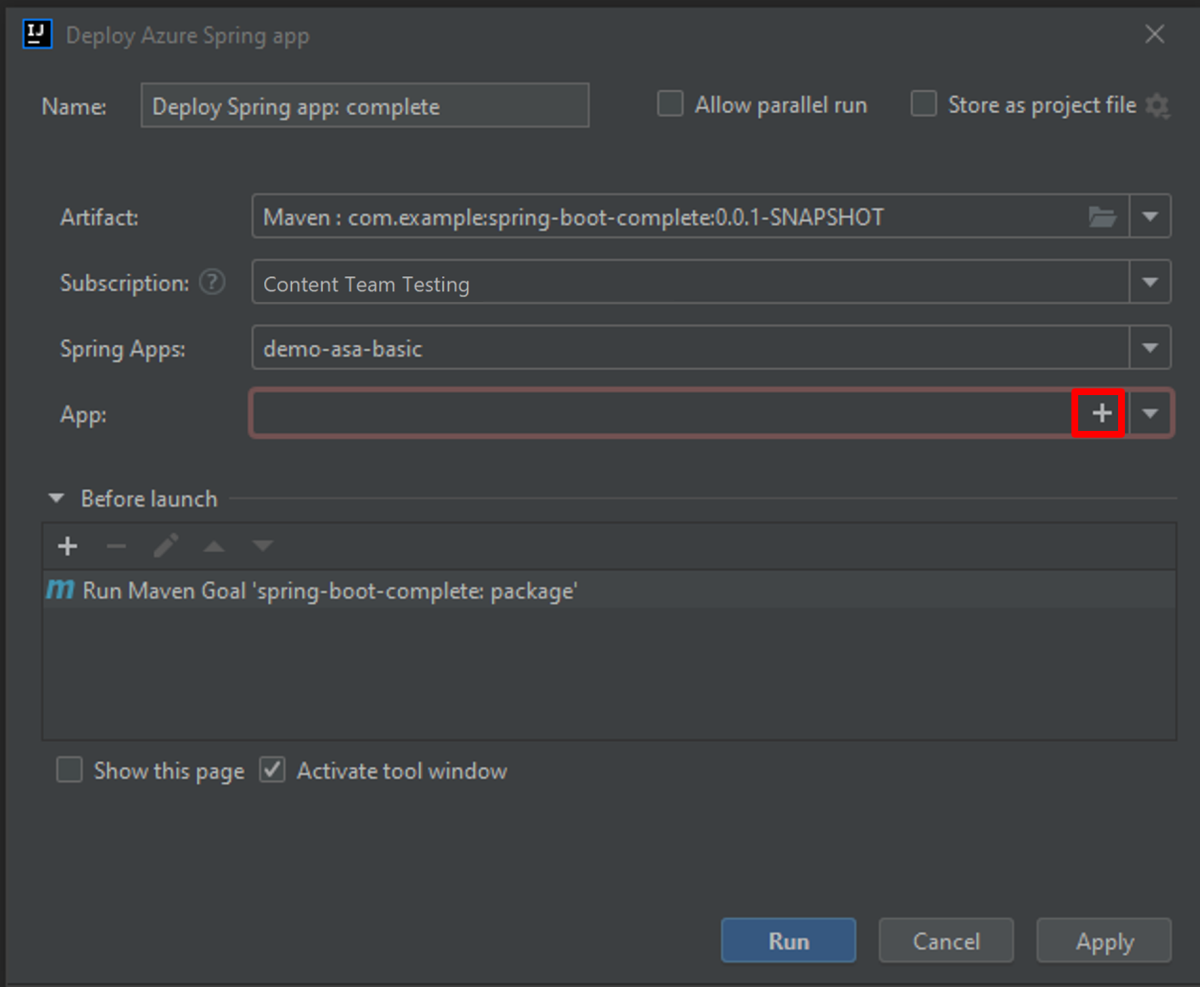 Capture d’écran de la boîte de dialogue Déployer une application Azure Spring d’IntelliJ IDEA avec le bouton Plus mis en évidence.
