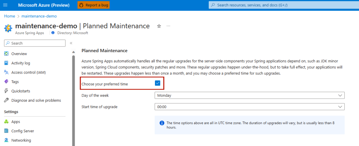 Capture d’écran du portail Azure montrant la page Maintenance planifiée avec la case à cocher Choisir l’heure de votre choix mise en évidence.