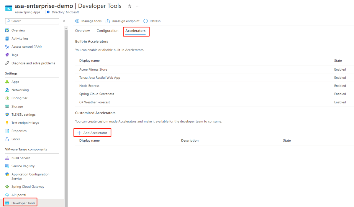 Capture d’écran du Portail Azure montrant l’onglet Accélérateurs de la page Outils de développement, avec mise en évidence du bouton Ajouter un accélérateur.
