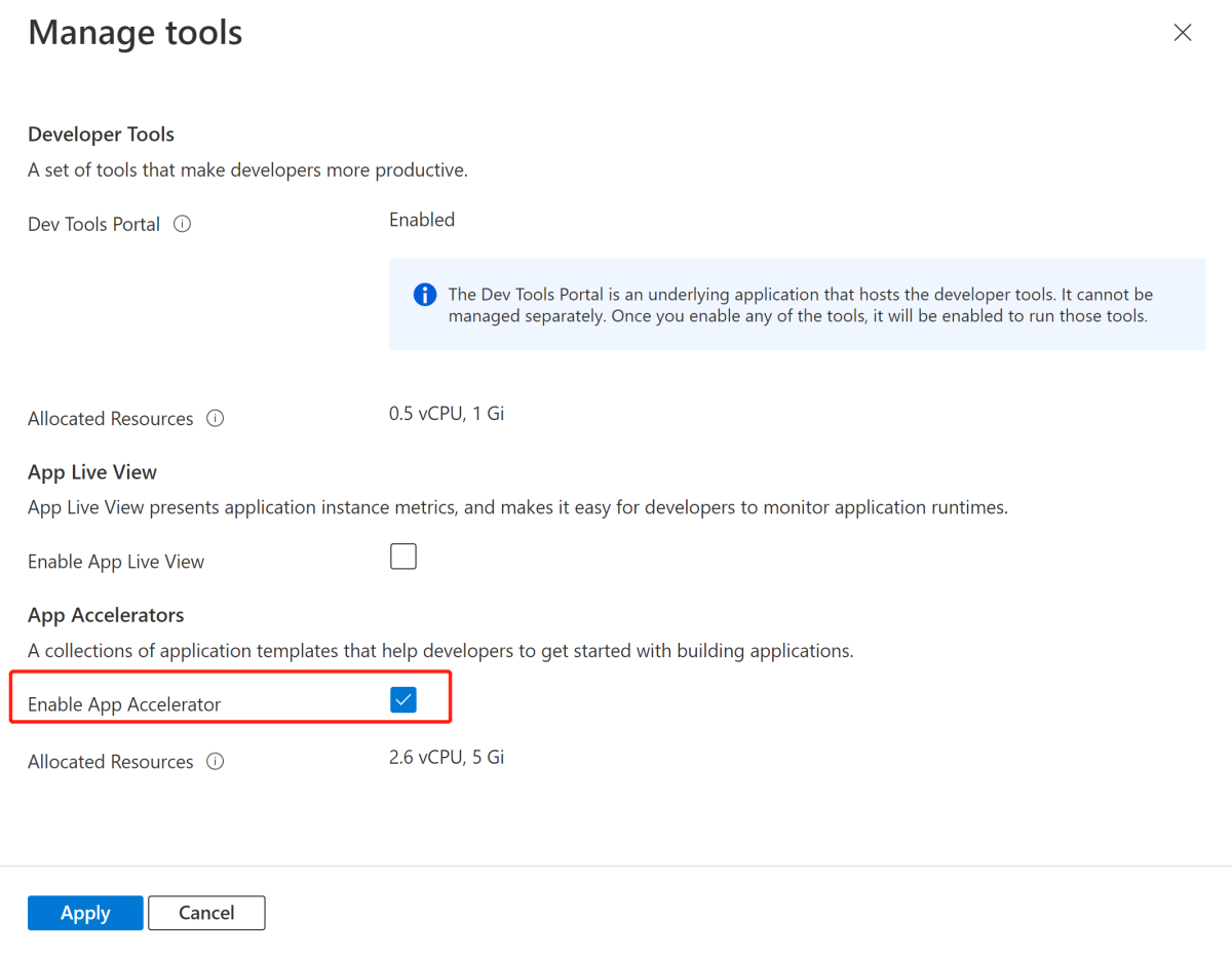 Capture d’écran du Portail Azure montrant la page Gérer les outils, avec mise en évidence de l’option Activer l’accélérateur d’application.