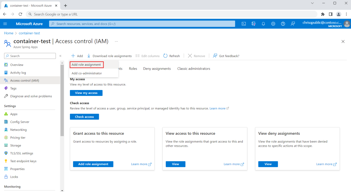 Screenshot of the Access Control(IAM) page showing the Add role assignment command.