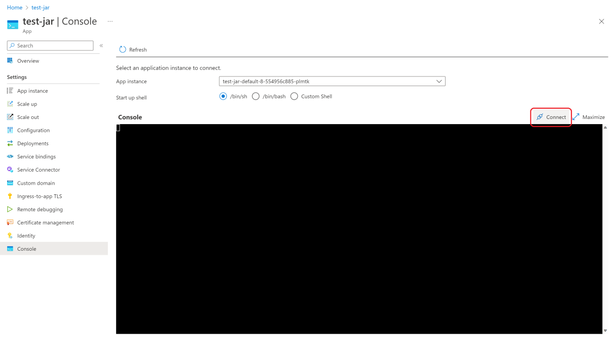Screenshot of the Azure portal Console page showing the Connect command.