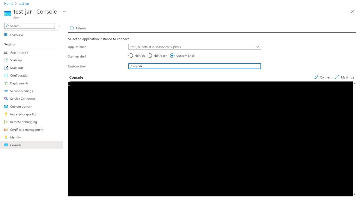 Screenshot of the Azure portal Console page showing a Custom Shell entry.