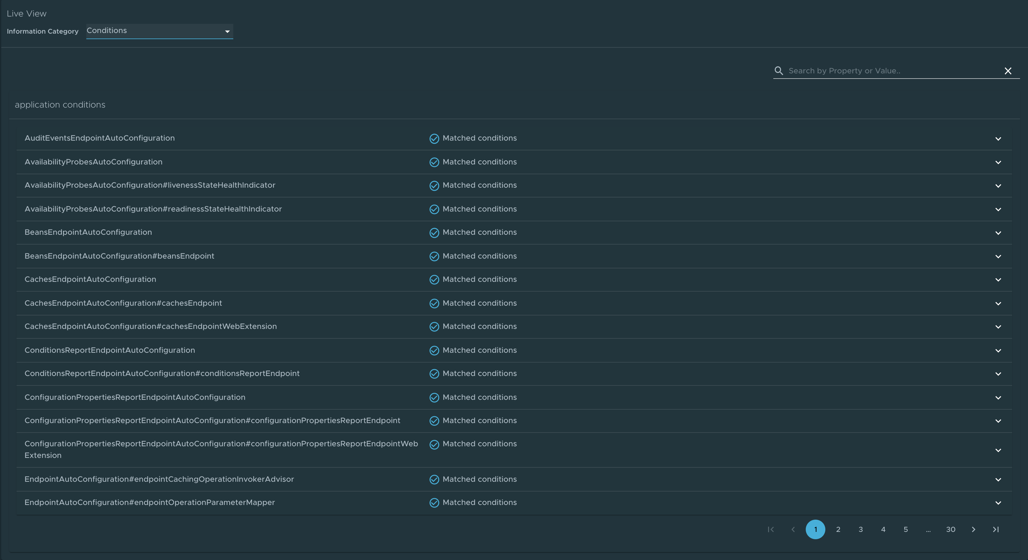 Capture d’écran de Application Live View montrant la page Conditions.