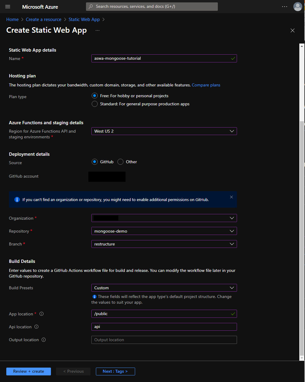 Formulaire Azure Static Web Apps renseigné