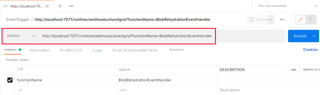 Screenshot showing how to specify local URL for event trigger in Postman 
