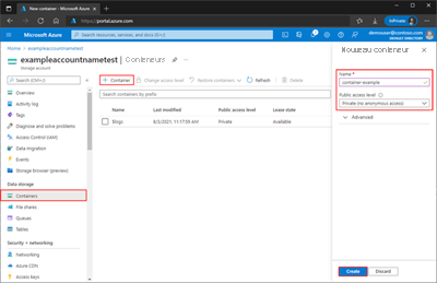 Screenshot showing how to create a container within the Azure portal.