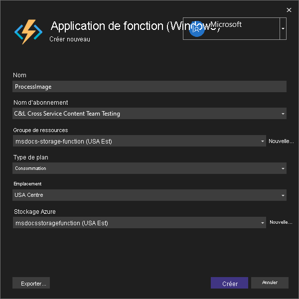 Capture d’écran montrant comment créer une application de fonction dans Azure.