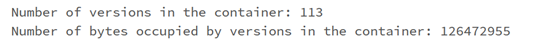 Capture d’écran des résultats qui s’affichent lorsque vous exécutez la cellule montrant le nombre de versions et la taille combinée totale des versions.