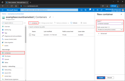 Screenshot showing how to create a container in the Azure portal