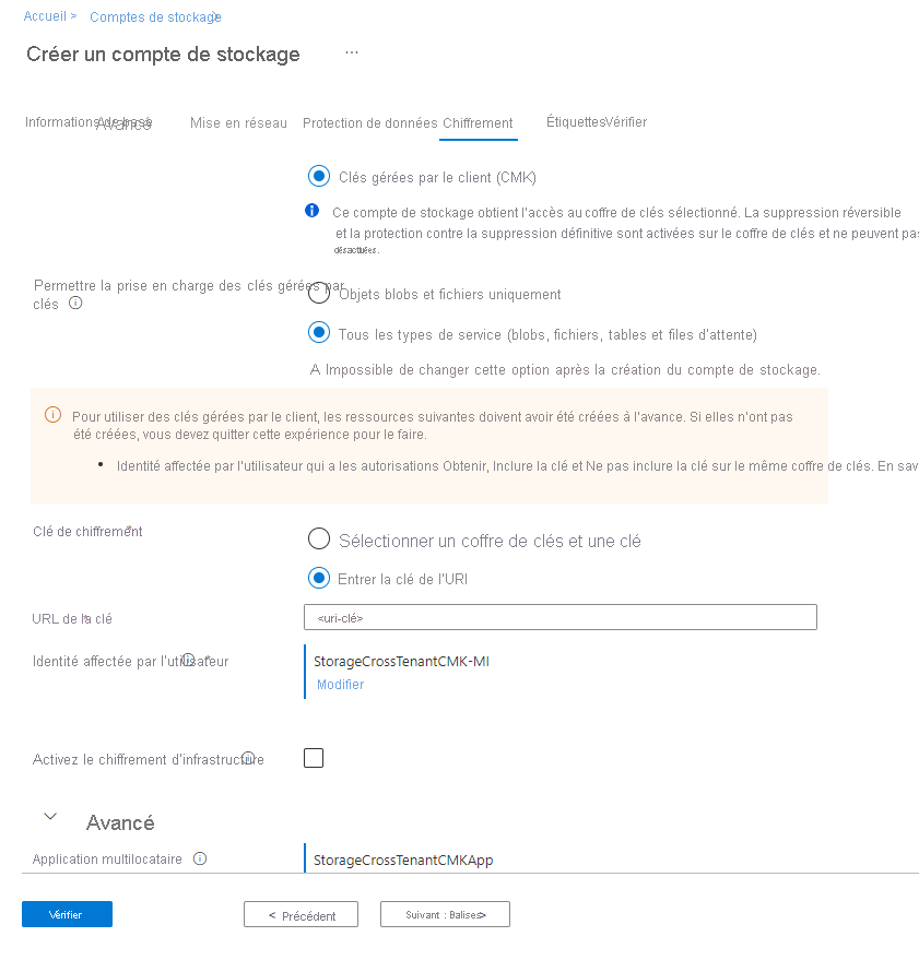 Screenshot showing how to configure cross-tenant customer-managed keys for a new storage account in Azure portal.