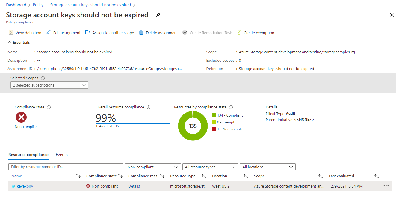 Screenshot showing how to view the compliance report for the key expiration built-in policy