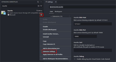 Capture d’écran montrant comment modifier les paramètres d’extension Azurite.