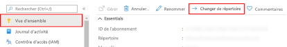 Image montrant le panneau Vue d’ensemble de l’abonnement du Portail Azure, avec la commander Changer de répertoire de la barre d’outils encadrée au centre, en haut de la page.