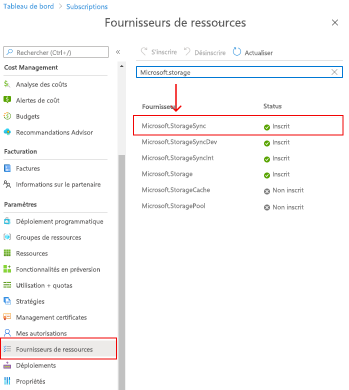 Image montrant les fournisseurs de ressources inscrits dans la gestion des abonnements sur le Portail Azure.