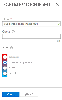 Capture d’écran du portail Azure montrant l’interface utilisateur du nouveau partage de fichiers.
