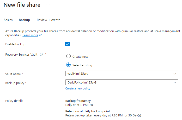Screenshot showing how to enable or disable file share backup.