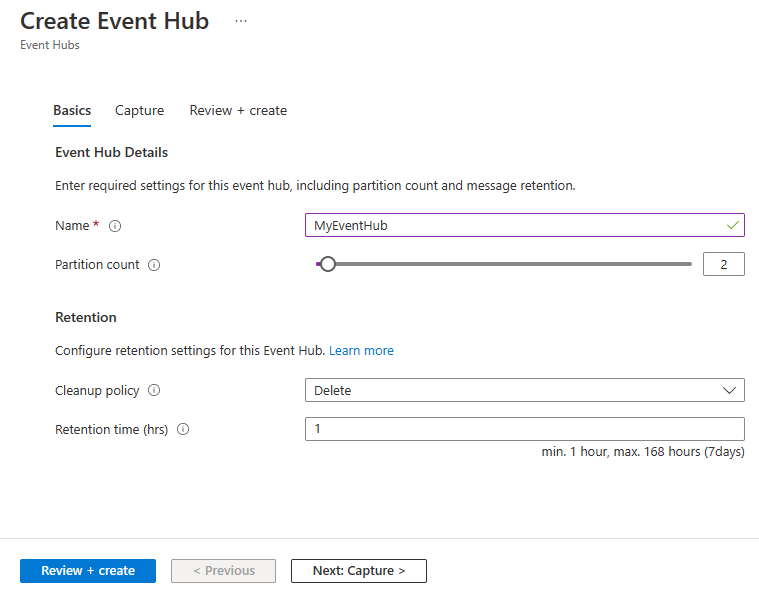 Capture d’écran montrant la page Créer un Event Hub.